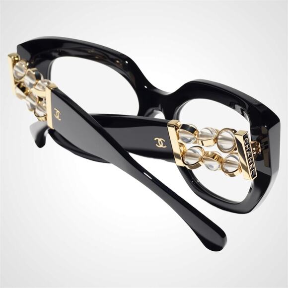 New CHANEL Eyeglasses Black Gold Cat Eye Clear Rotating Pearls 52mm